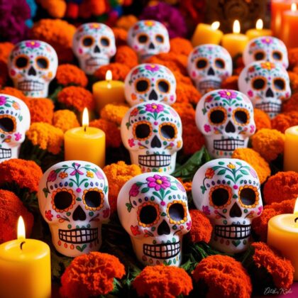 Skeleton heads and burning candles in an overall orange and white color scheme.