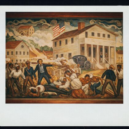 Americana painting of black people enduring hardship and battle in the Old South.