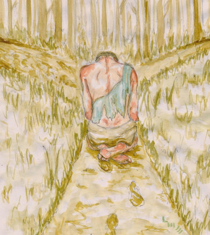Person kneeling on a pathway facing away.