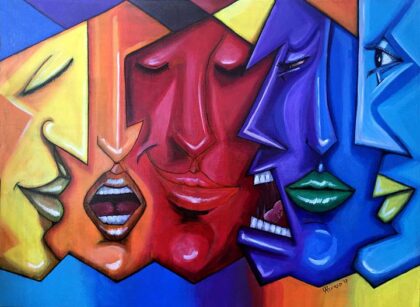 Six stylized faces singing together.