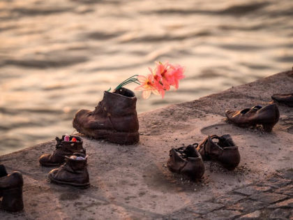 Rows of shoes along a river (Memorial)