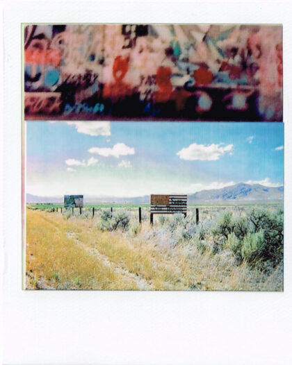 An overgrown country road with barbed wire fences and tumbleweeds has a billboard that says "Support our troops."