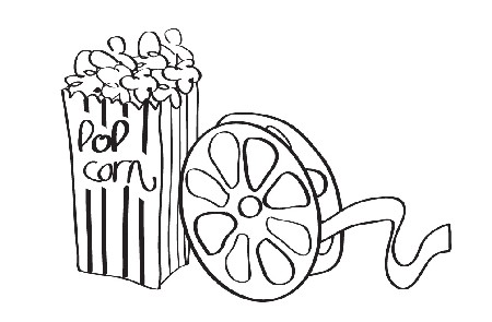 drawing of a bag of popcorn and a movie reel