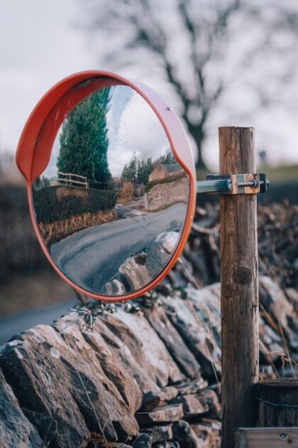 Mirror showing the road behind you
