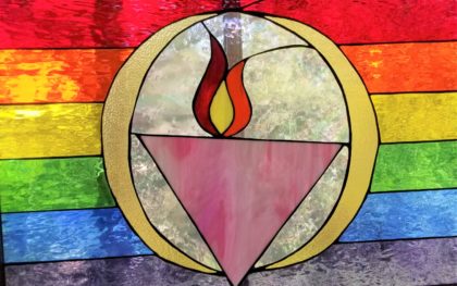 Stained glass chalice with Pride flag