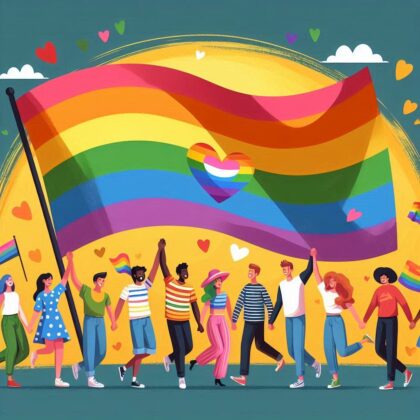 Graphic showing a variety of people celebrating under a waving Pride flag.