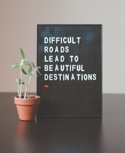 seedling growing in a small pot next to a sign saying "Difficult roads lead to beautiful destinations."