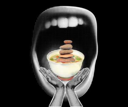 Graphic showing an open mouth with a pair of hands pushing in a bowl of soup that features a stack of stones.